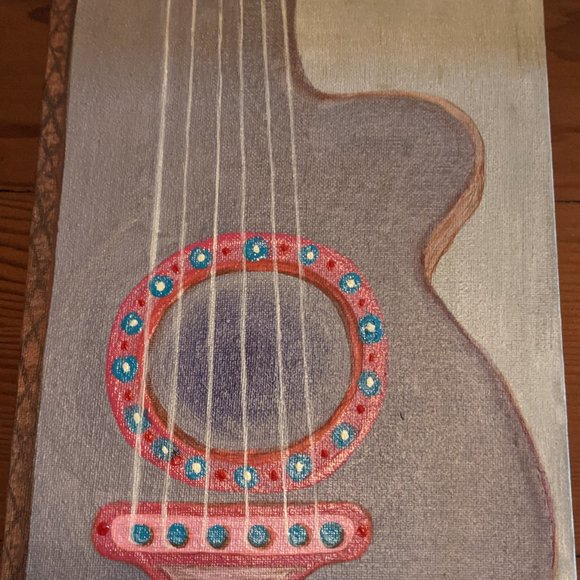 ORIGINAL Acrylic Painting 10" x 12" GUITAR on Canvas SIGNED tlp Gray Red Pink - Picture 3 of 8